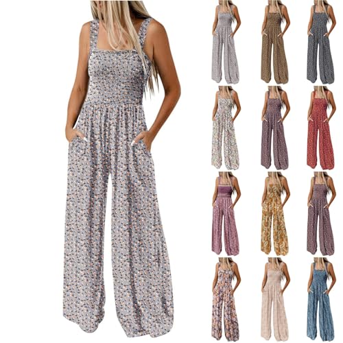Sommer Jumpsuit Damen Träger Elegant Strandhose Palazzo Hose Sommer Mit Taschen Stoffhose Outdoorhose Baggy Latzhose Sommer Jogginghose V-Ausschnitt Jumpsuit Damen Festlich（Light Purple，M） von DHYUEN
