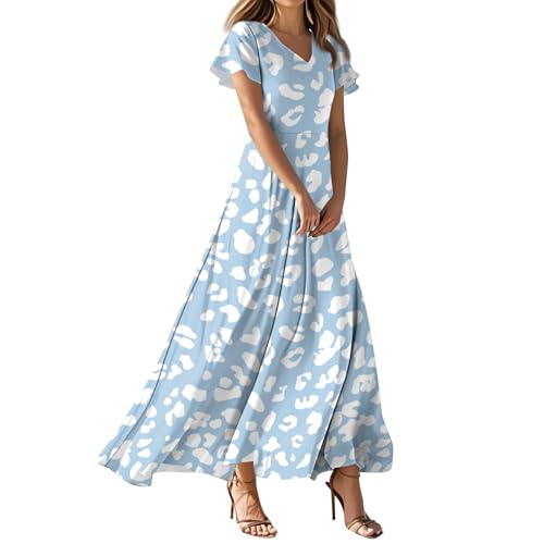 Sommerkleid Damen Beach Urlaub Maxi Kleid Lang Kleider V Ausschnitt Kurzarm Strand Ballkleid A-Linie Kleider Retro Casual Leinenkleid Strandkleid Sommer Lang Frühlingskleid（1-Sky Blue，XL） von DHYUEN