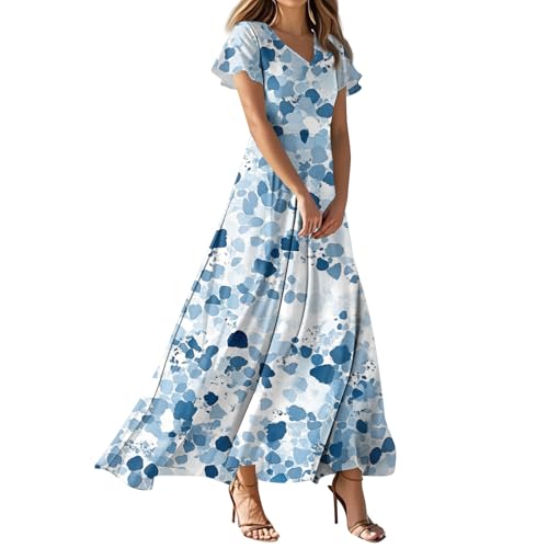 Sommerkleid Damen Lang Leicht Und Luftig Frühlingskleid Sommerkleid Große Größen Blumen Boho Kleid Cocktailkleid Fashion Elegant Kleid Boho Sommer Urlaubskleider Maxikleid（3-Cyan，XXL） von DHYUEN