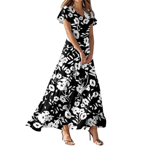 Sommerkleider Damen Leicht Und Luftig Kurzarm Fashion Sommerkleider Sommerkleid Damen Leinen Retro Freizeitkleid Boho Kleid Einfarbig Sommerkleid Mit Taschen Frühlingskleid（1-Black，XXL） von DHYUEN