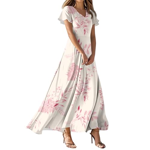 Sommerkleider Damen Leicht Und Luftig Leicht Und Luftig Kurzarm Cocktailkleid Sommerkleid Lang Swing Sommerkleider Maxikleider V-Ausschnitt Sommerkleid Teenager Swingkleid（1-Pink，M） von DHYUEN