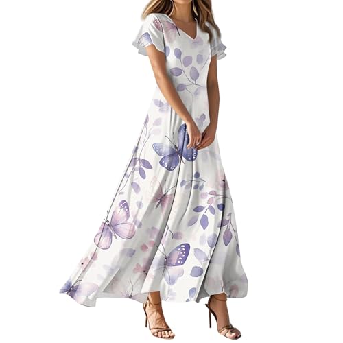 Sommerkleider Damen Leicht Und Luftig Sommerkleid Boho Kleid Lang Festlich A-Linie Kleider Leinenkleid Elegant Sommer Kleider Maxikleid Fashion Partykleid Strandkleid（2-Light Purple，L） von DHYUEN