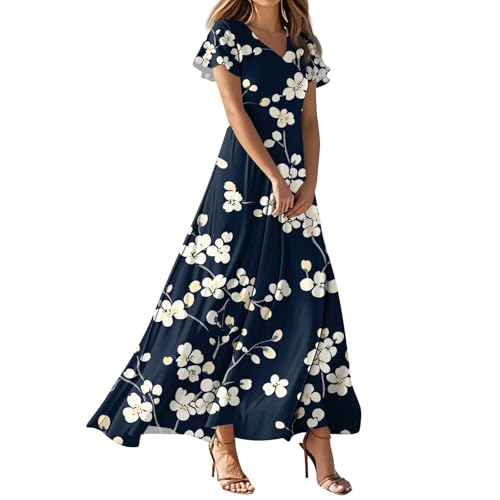 Sommerkleider Damen Leicht Und Luftig Swing Fashion Blumenkleider Sommerkleid Hochzeitsgast Kurzarm Maxi Kleid Urlaubskleid Langes Sommerkleid Damen Lang Mit Ärmeln Strandkleider（2-Navy，XXL） von DHYUEN
