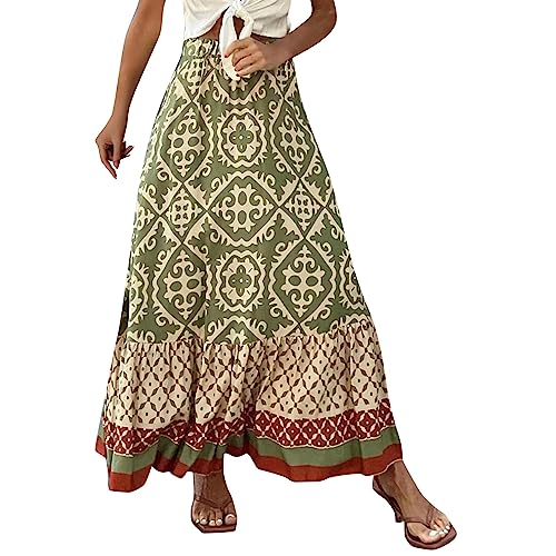 Sommerrock Damen Leicht Und Luftig Bohemien Bohemien Druck Strandkleid Rock Boho Damen Lang Kordelzug Freizeitrock Hosenrock Urlaub Bleistiftrock Sommerkleid（2-Army Green，L） von DHYUEN