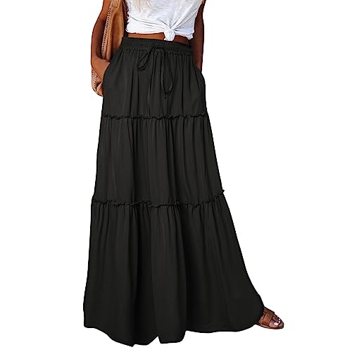 Sommerrock Damen Leicht Und Luftig Bohemien Druck Lose Faltenrock Lange Röcke Hohe Taille Boho Kleid Hosenrock Bohemien Röcke Sommer Damen Lang Strandkleider（3-Black，XXL） von DHYUEN