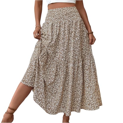 Sommerrock Damen Leicht Und Luftig Casual Elastische Bund Röcke Lange Röcke Damen Mit Taschen Trachtenrock Tüllrock Bohemien Sommerrock Kurz Boho Kleid（8-Khaki，S） von DHYUEN