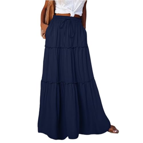 Sommerrock Damen Leicht Und Luftig Lässig Kordelzug Maxi Skirt Rock Lang Damen Sommer Boho Bohemien Druck Faltenrock Tüllrock Lose Maxi Rock Lang Hosenrock（9-Navy，S） von DHYUEN