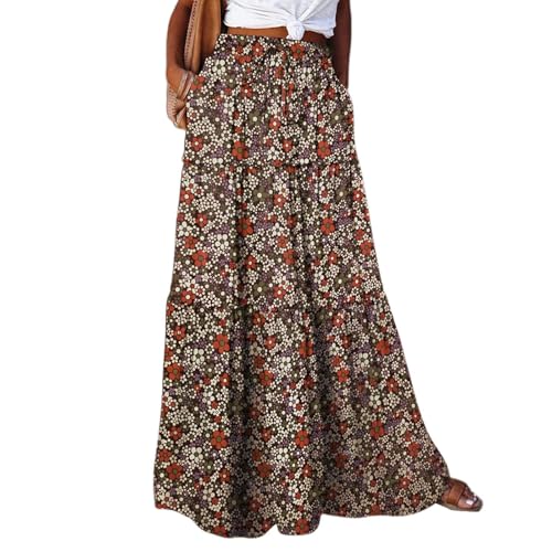 Sommerrock Damen Leicht Und Luftig Mit Taschen Hohe Taille Strandrock Faltenrock Damen Lang Lässig Faltenrock Boho Kleid A-Linie Langer Rock Boho Maxi Rock（1-Brown，L） von DHYUEN