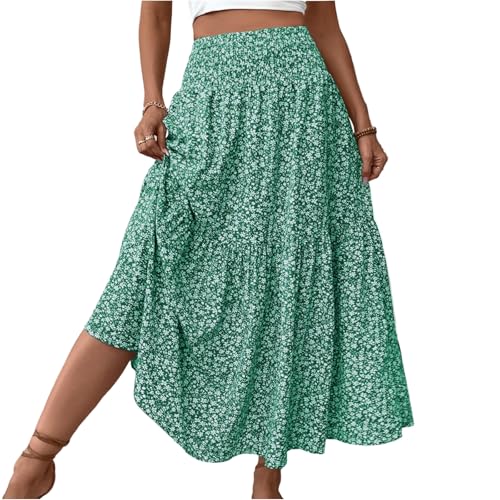 Sommerrock Damen Leicht Und Luftig Plissee Bohemien Tennisrock Skort Damen Lang Hohe Taille Sommerkleid Freizeitrock A-Linie Sommerrock Kurz Boho Kleid（8-Green，L） von DHYUEN
