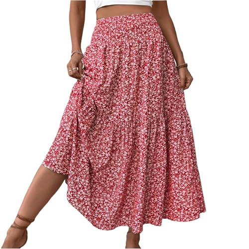 Sommerrock Damen Leicht Und Luftig Strandrock Rock Boho Lang Elegant Langrock Strandkleider Mit Taschen Casual Maxi Skirt Elastische Bund Maxirock Leicht Röcke（8-Red，M） von DHYUEN