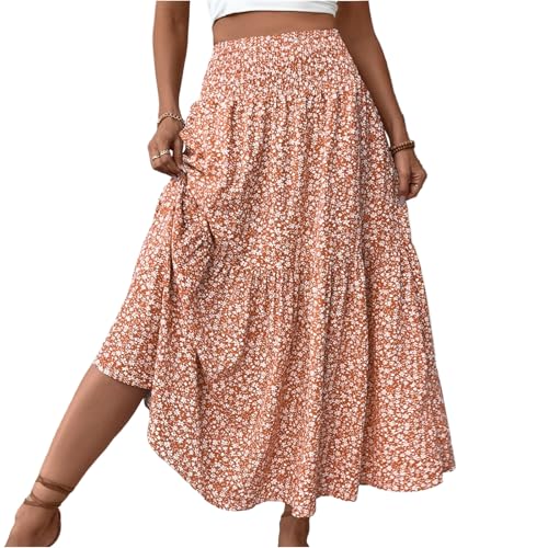 Sommerrock Damen Leicht Und Luftig Urlaub Hohe Taille Strandkleider Maxi Rock Elastische Bund Tüllrock Langer Rock A-Linie Rock Lang Damen Sommer Boho Röcke（8-Orange，S） von DHYUEN