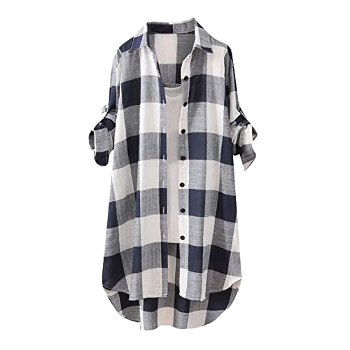 Spitzenbluse Damen Elegant Lang Holzfällerhemd Longshirt Damen Lässig Für Leggings Leinenbluse Mit Taschen Blouse Trachtenbluse Bluse Kariert Damen Karohemd T-Shirts & Blusen Für Frauen(2-Blue,3XL) von DHYUEN