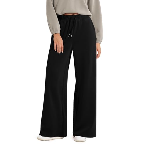 Stoffhose Damen Elegant Baggy Fashion Trainingshose Hose Damen Weites Bein Elegant Winter Mit Kordelzug Sommer Jogginghose Damen Lang Palazzo Hose Einfarbige Hose Baggy Winterhose Damen（Schwarz，L） von DHYUEN
