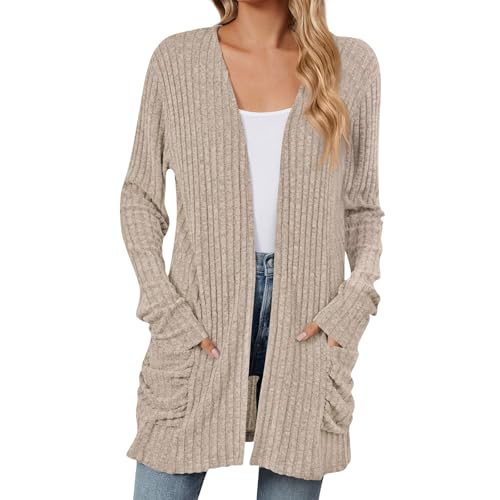 Strickjacke Mit Kapuze Damen Elegante Damenjacken Leichte Sommerjacke Damen Rundhalsstrickjacke Mit Taschen Pullover Strickmantel Sommer Strickjacke Damen Leicht Cover Up Strandkimonos（Khaki，XL） von DHYUEN