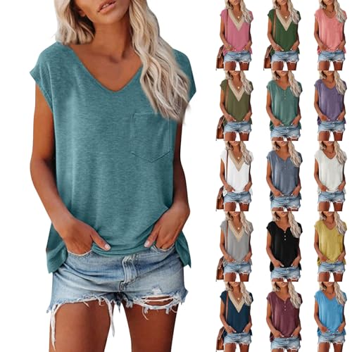 T Shirt Damen Atmungsaktiv Vintage Bluse Damen Weißes Tshirt Damen Color Block Top Damen Elegant T Shirt Damen V Ausschnitt T Shirt Damen Grau Tshirt Damen Weiss T-Shirts Damen Weiss（1-Sky Blue，XL） von DHYUEN