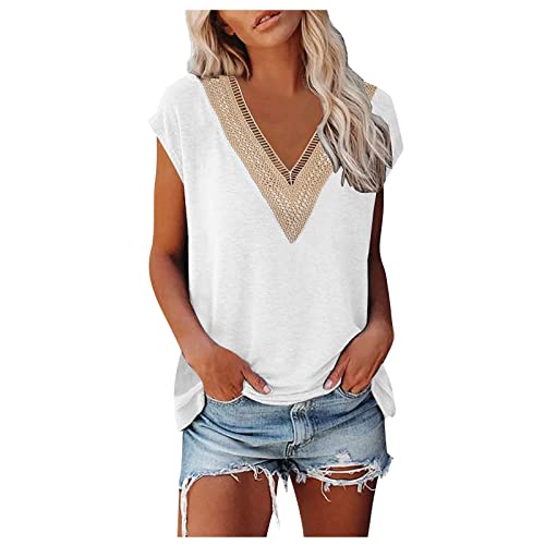 T Shirt Damen V Ausschnitt Vintage Tunika Shirt Damen Basic Shirt Damen Schwarz Ärmellos T-Shirt Damen Tshirt V Ausschnitt Damen Kurzarm Shirt Damen Tshirt Damen Damen T-Shirt Sommer（3-White，S） von DHYUEN