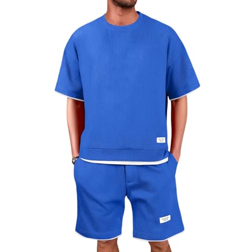 Trainingsanzug Herren Mode Sommer T-Shirt Und Shorts-Set Trachten Herren Set Fashion Sport Anzug T-Shirt Und Shorts Stretch Pride Outfit Jogging Anzug Leichte Leinenanzug（Blau，XL） von DHYUEN
