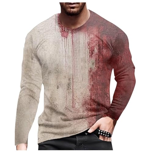 Tshirt Herren Oversize Blutspritzer Muster Pullover Problem Gelöst Halloween T-Shirt Herren T-Shirts Gruselig Langarmshirt Trainingsshirt Problem Gelöst T Shirt Oberteile Problem Gelöst（1-Beige,L） von DHYUEN