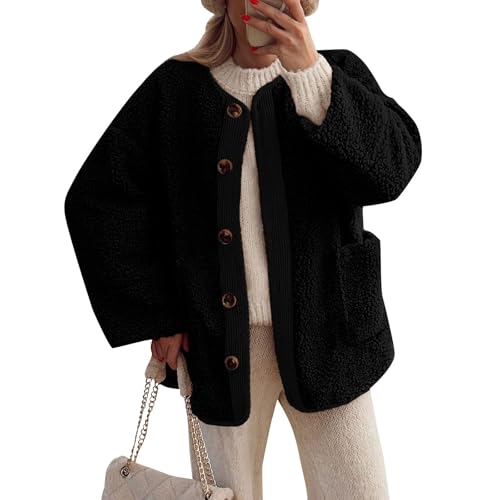 Übergangsmantel Damen Herbst Warme Flauschig Glitzer Jacke Pelzjacke Damen Mit Taschen Reißverschluss Bomberjacke Winter Outdoorjacke Urlaub Bench Fleecejacke Damen Mantel Kariert Damen(1-Black,L) von DHYUEN