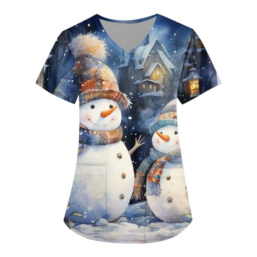 Weihnachts Kasack Damen Unregelmäßiger V-Ausschnitt Kasaks Altenpflege Damen Gesundheitswesen Bluse Damen T-Shirt Damen Medizinischer Weihnachtspullover(x-Dunkelblau,M) von DHYUEN