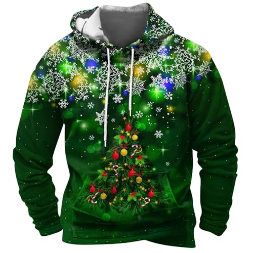 Weihnachtspullover Lustig Streetwear Hoodie Herren 3D Druck Weihnachten Leichte Christmas Sweater Herren Weihnachtspulli Herren Multi Taschen Ugly Christmas Sweater Teddy(2-Dark Green,XL) von DHYUEN