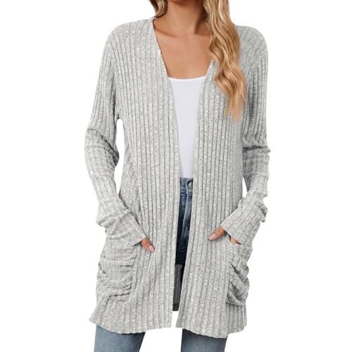 Weiße Strickjacke Damen Gerippt Kimono Lange Strickjacke Damen Mit Kapuze Strandkimonos Dünne Cover Up Open Front Strickmantel Damen Lang Mit Kapuze Rundhalsstrickjacke Damenbekleidung（Light Gray，XL） von DHYUEN