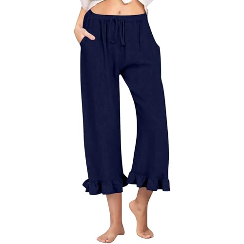 Weite Hose Damen Elegant Bequem Jogginghose 3 4 Hose Mit Taschen Und Kordelzug 3/4 Hose Musselinhose Locker Sport Sommerhose 3/4 Haremshose Elastischem Bund Sommerhose Damen Leicht Lang(Marine,XXL) von DHYUEN