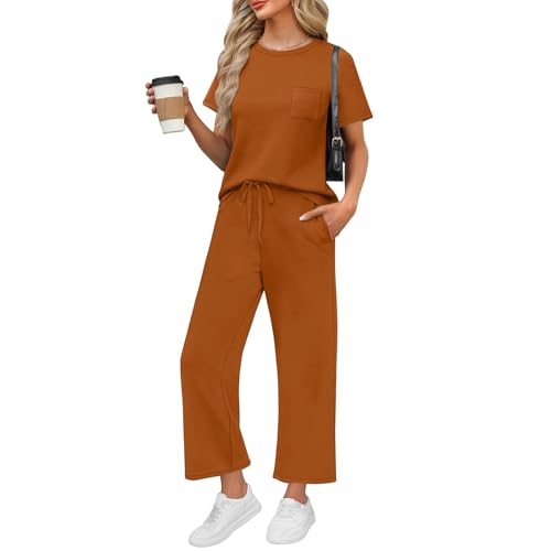 Zweiteiler Damen Mit Hose Sommer Atmungsaktive Locker Hausanzug Hosenanzug Elegant 2 Teiler Y2k Jogging Anzug Schlafanzug Baggy Outfit Damen Elegant Kurzarm Und Kurz Hose（2-Saffron，M） von DHYUEN