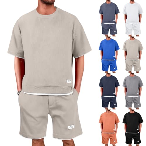 Zweiteiler Sommer Sommer Mode Sommer Anzug Outfit Komplett Set Fashion Tracksuit Sommer Outfit Baggy 80er Jahre Outfit Mottoparty Strandoutfit Kordelzug Herren Set Sommer（Khaki，XXL） von DHYUEN