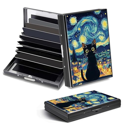 DHYYDSQZ Kreditkartenetui, Mini-RFID-blockierend, Aluminium, schlanke Metall-Hartschale, Starry Night Black Cat, Credit Card Holder, Minimalistisch von DHYYDSQZ