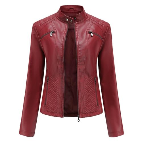 Frühling Herbst Damen Pu Lederjacke Mode Casual Streetwear Mäntel Büro Dame Reißverschluss Jacken Oberbekleidung-Weinrot-S von DHaey