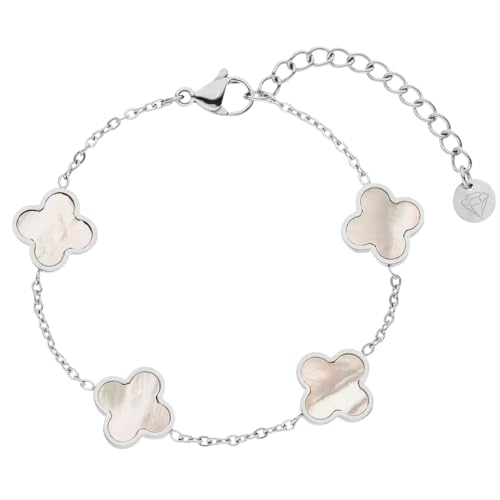 DIAMOND MODE Kleeblatt Clover Armband 18K Vergoldet Perlmutt, 16cm + 4cm Chirurgenstahl (Silber) von DIAMOND MODE