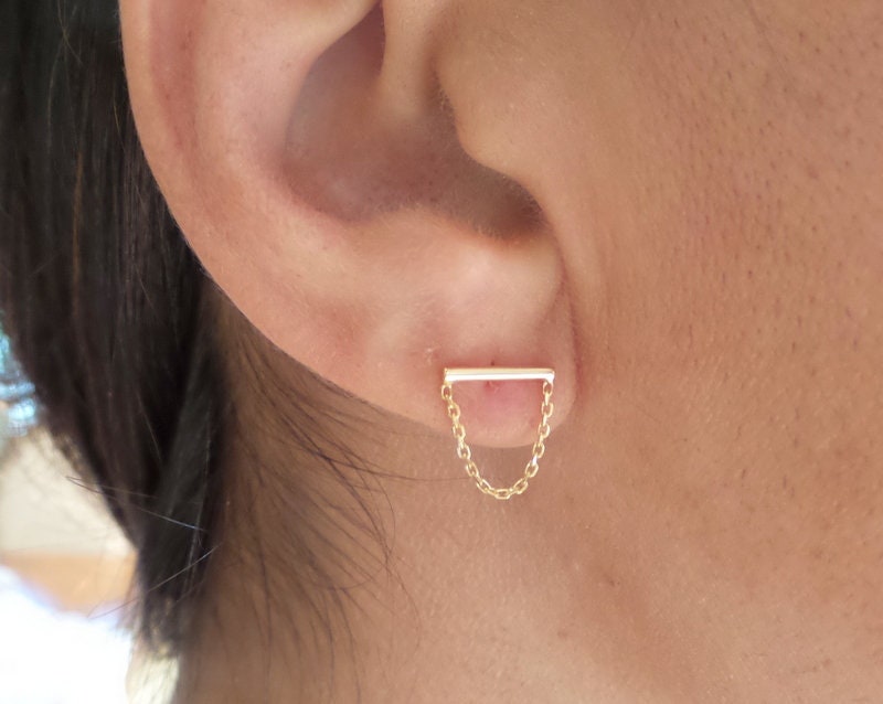 14K Gold Bar Ketten Ohrringe Handgemachter Pushback Stil von DIAMONDFORLOVE
