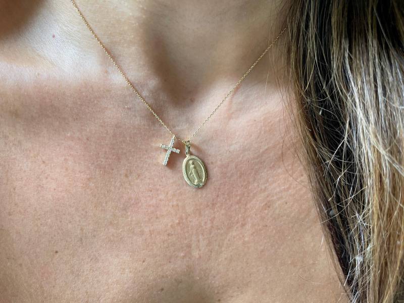 14K Gold Diamant Kreuz & Jungfrau Maria Halskette Handgemachter Religiöser Schmuck von DIAMONDFORLOVE