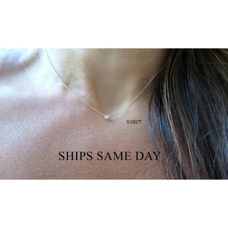 14K Gold Diamant Solitär Halskette Schichtung Zierlicher Anhänger von DIAMONDFORLOVE
