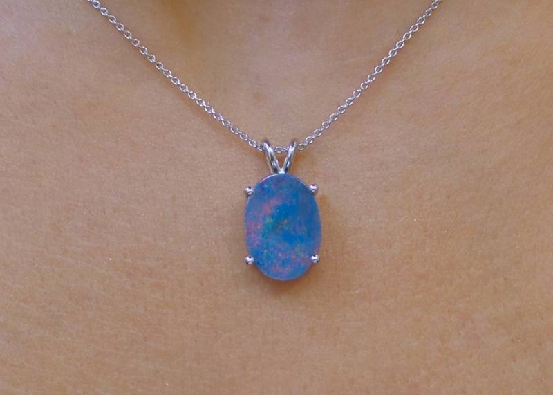 sterling Silber Opal Doublette Halskette Handgemachter 14 X 10 Mm Anhänger von DIAMONDFORLOVE