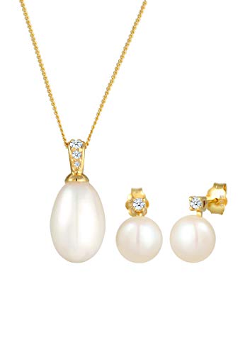 Elli DIAMONDS Schmuckset Damen Ohrstecker Klassisch Perle mit Diamant (0.11 ct.) in 585 Gelbgold von DIAMORE