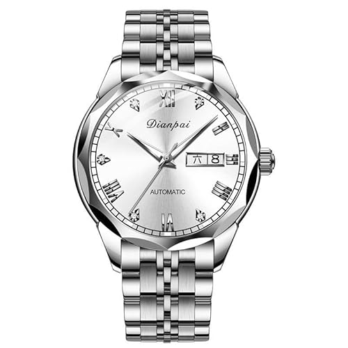 Dianpai Männer Vollautomatische mechanische Uhr Edelstahl Wochenkalender Männer Nachtlicht wasserdichte Mode Business Uhr 6602-3 (Weiß) von Dianpai