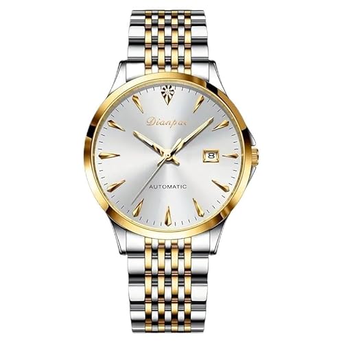 DIANPAI Vollautomatische mechanische Uhr für Herren, dünnes Edelstahlarmband, luxuriöses Business-Nachtlicht, wasserdicht, Ramadan-Herrenuhr, Gold, Weiß, Modern von Dianpai