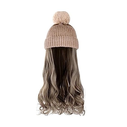 Perückenkappen für Damen Damenmode lange lockige Welle Hut Perücke Herbst und Winter abnehmbare schwarz braun grau Perücke mit Hut Baseballkappe mit Haarverlängerungen (Color : 14) von DIANXI