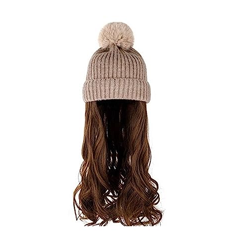 Perückenkappen für Damen Damenmode lange lockige Welle Hut Perücke Herbst und Winter abnehmbare schwarz braun grau Perücke mit Hut Baseballkappe mit Haarverlängerungen (Color : 3) von DIANXI