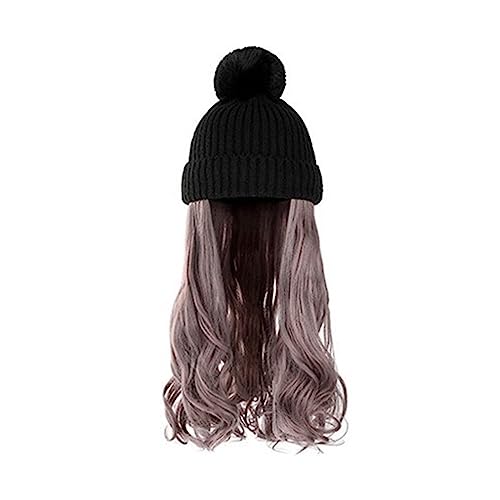 Perückenkappen für Damen Damenmode lange lockige Welle Hut Perücke Herbst und Winter abnehmbare schwarz braun grau Perücke mit Hut Baseballkappe mit Haarverlängerungen (Color : 5) von DIANXI