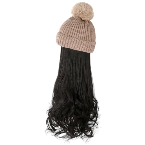 Perückenkappen für Damen Hut-Perücke, natürlich, realistisch, Perückenkappe, abnehmbare Haarverlängerungen, Perücke, langes lockiges Haar, abnehmbare modische Beanie-Mütze Baseballkappe mit Haarverlän von DIANXI