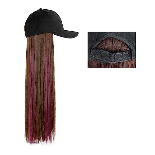 Perückenkappen für Damen Lange gerade Hut-Perücke, Highlight-Haar-Perücken, natürliche Verbindung, synthetische Baseballkappen-Haar-Perücke, Hut-Perücke, verstellbar for Frauen Baseballkappe mit Haarv von DIANXI