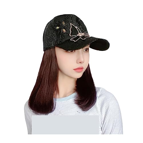 Perückenkappen für Damen Langes Haar, Bobo-Kappe, synthetische Hut-Perücke, natürliche schwarze Perücken, Schleife, Strass, synthetische Hut-Perücke Baseballkappe mit Haarverlängerungen (Color : D) von DIANXI