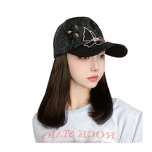 Perückenkappen für Damen Langes Haar, Bobo-Kappe, synthetische Hut-Perücke, natürliche schwarze Perücken, Schleife, Strass, synthetische Hut-Perücke Baseballkappe mit Haarverlängerungen (Color : C) von DIANXI