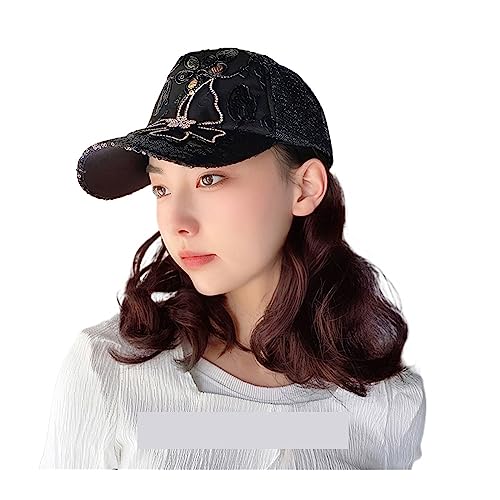 Perückenkappen für Damen Langes Haar, Bobo-Kappe, synthetische Hut-Perücke, natürliche schwarze Perücken, Schleife, Strass, synthetische Hut-Perücke Baseballkappe mit Haarverlängerungen (Color : A) von DIANXI