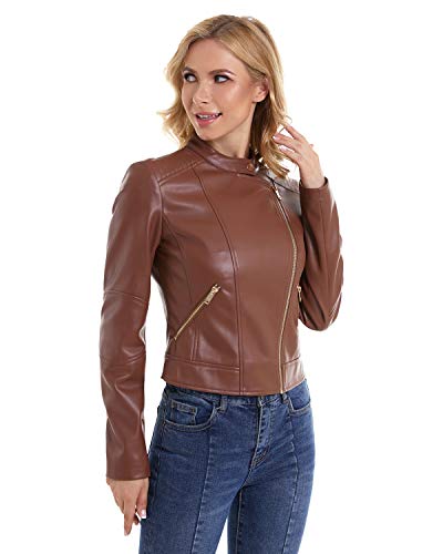 DIASHINY Braune kurze Kunstlederjacke für Frauen PU Slim Reißverschluss Cropped Moto Biker Coat Crop Jacket 049 XL von DIASHINY