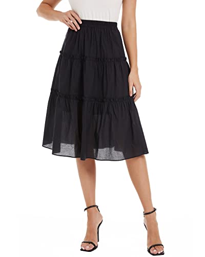 DIASHINY Damen Casual High Waist A-Linie Plissee Midi Long Swing Baumwollrock Schwarz L von DIASHINY