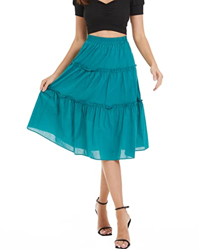 DIASHINY Damen Casual Hohe Taille A-Linie Plissee Midi Lang Swing Baumwolle Rock, Grün 057, Mittel von DIASHINY